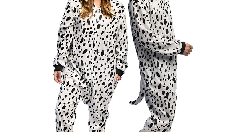 Pluche dalmatiërpak volwassenen gedragen door een vrouw en een man, met hondenkap en flaporen