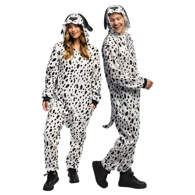 Pluche dalmatiërpak volwassenen gedragen door een vrouw en een man, met hondenkap en flaporen