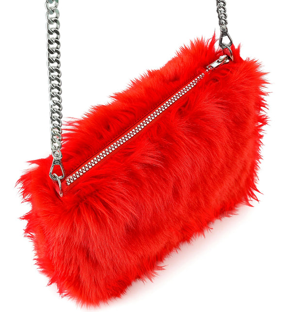 Pluche handtas rood met rits en zilverkleurige schakelketting, vooraanzicht