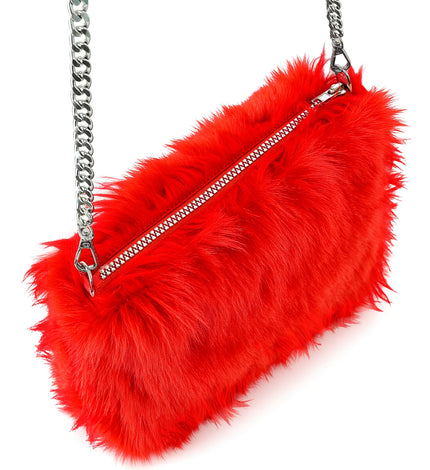 Pluche handtas rood met rits en zilverkleurige schakelketting, vooraanzicht