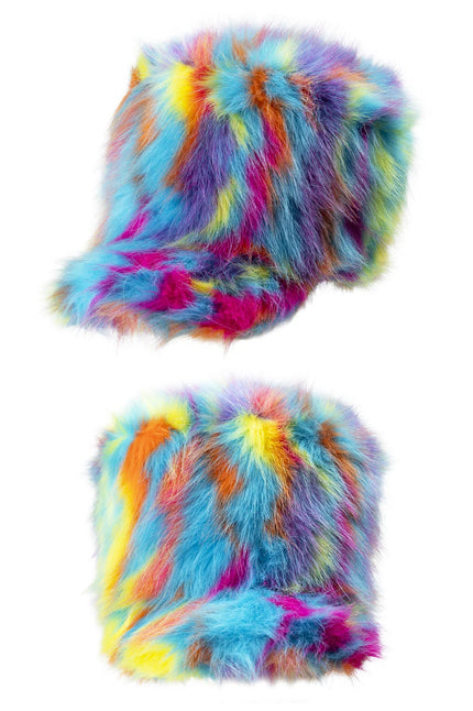 Pluche harmonie hoed Pacifica in regenboogkleuren met rechte bol en korte klep, voor een themafeest