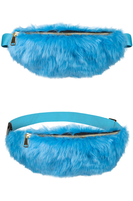 Pluche heuptasje blauw, voor- en achterkant met goudkleurige rits en verstelbare blauwe band