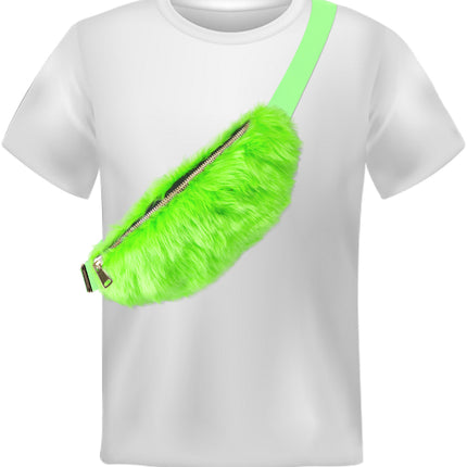 Pluche heuptasje neongroen schuin over de schouder gedragen bij een wit shirt op een discofeest