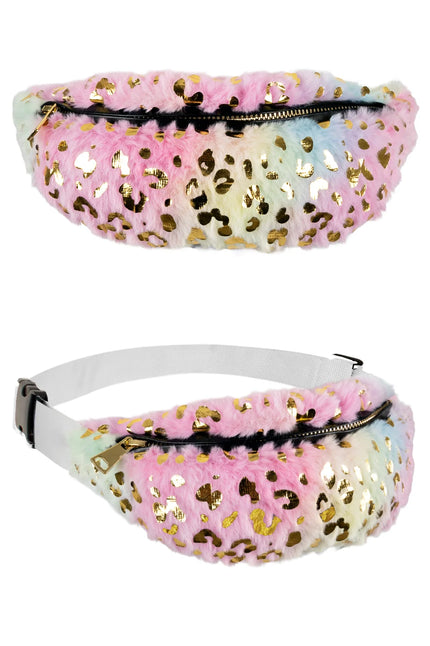 Pluche heuptasje pastel met gouden luipaardprint, zwarte rits en verstelbare witte band