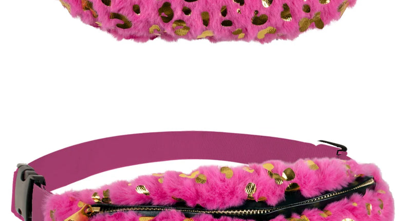 Pluche heuptasje roze met gouden luipaardprint, rits over de bovenkant en verstelbare band