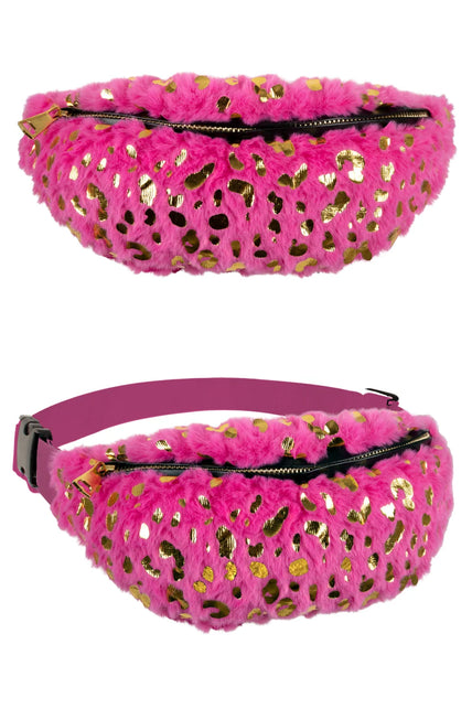 Pluche heuptasje roze met gouden luipaardprint, rits over de bovenkant en verstelbare band
