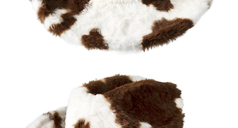 Pluche hoed koeienprint bruin wit met ingedeukte bol en opgekrulde rand, voor een westernfeest