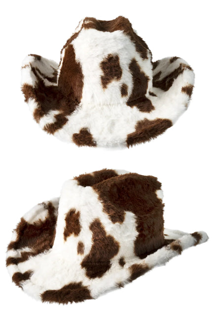 Pluche hoed koeienprint bruin wit met ingedeukte bol en opgekrulde rand, voor een westernfeest