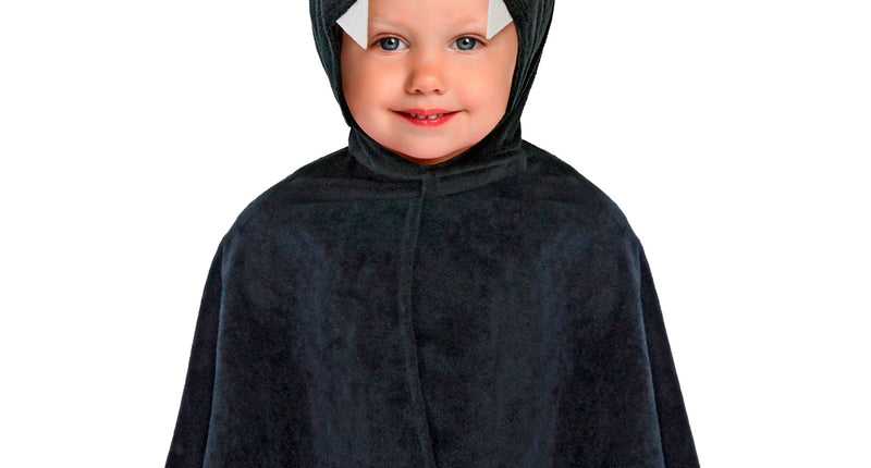 Pluche vleermuis poncho met muts voor kinderen, zwart met paarse oren en gele ogen, voor Halloween