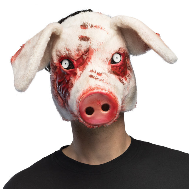 Pluchen halfmasker Bloederig varken met roze snuit en bloedvegen rond de ogen, gedragen voor Halloween