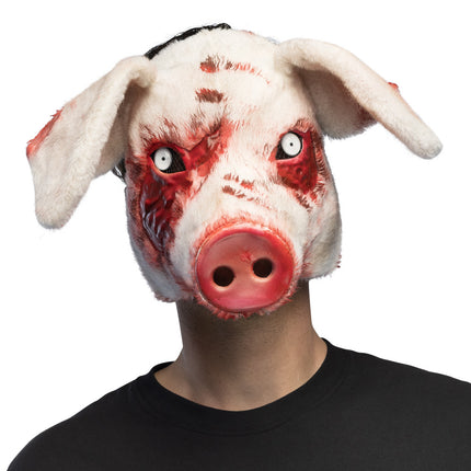 Pluchen halfmasker Bloederig varken met roze snuit en bloedvegen rond de ogen, gedragen voor Halloween