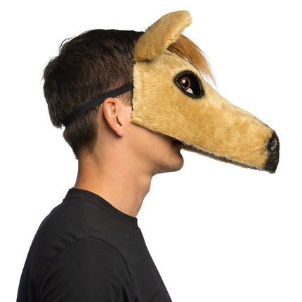 Pluchen halfmasker Paard van opzij met lange snuit en zwarte band achter het hoofd