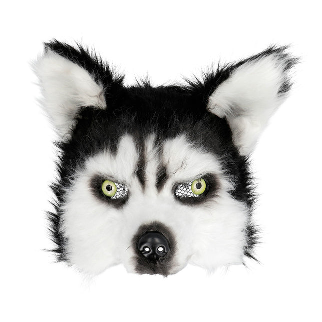 Pluchen husky halfmasker vooraanzicht met felgroene ogen, zwarte snuit en rechtopstaande oren