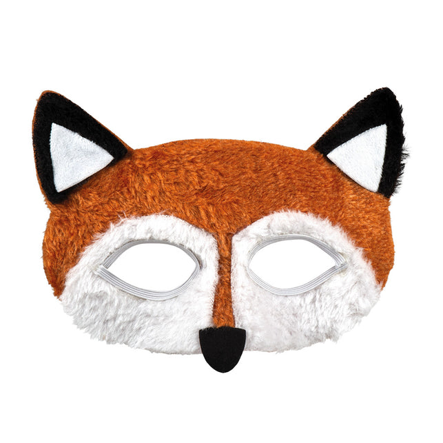 Pluchen vossenmasker van dichtbij met rechtopstaande oortjes en amandelvormige oogopeningen