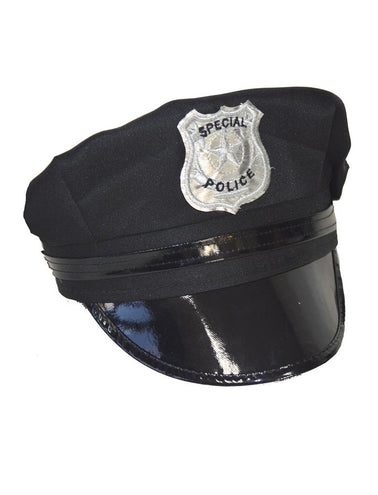 Politiepet zwart met glanzende klep en zilvergrijs politie-embleem op het front, voor een themafeest
