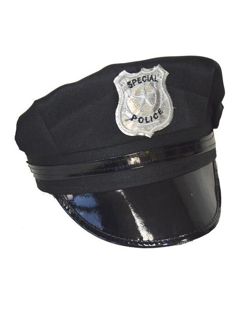 Politiepet zwart met glanzende klep en zilvergrijs politie-embleem op het front, voor een themafeest