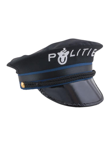 Politiepet zwart met witte POLITIE-opdruk, blauwe band en glanzende klep voor een politie-outfit