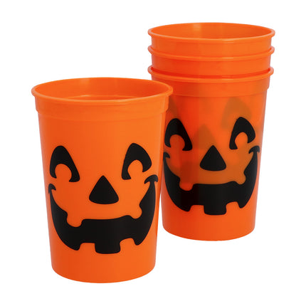 Pompoen bekers oranje, vier gestapelde kunststof bekers met zwart lachend pompoengezicht voor Halloween