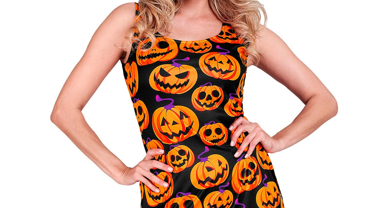 Pompoen jurk Joyce in zwart met oranje pompoenkoppen, mouwloos model voor dames op Halloween