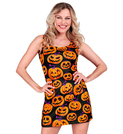 Pompoen jurk Joyce in zwart met oranje pompoenkoppen, mouwloos model voor dames op Halloween