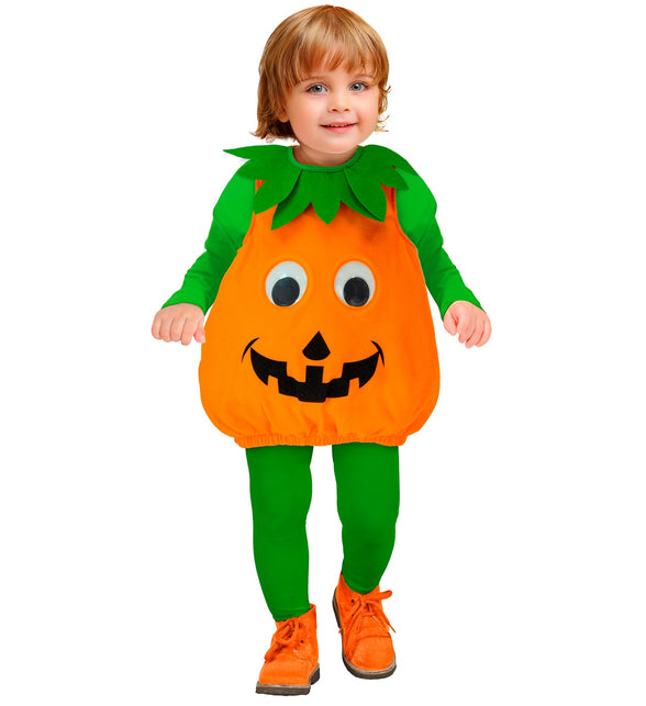 Pompoen kostuum Roos oranje tuniek met groene bladkraag en wiebelogen, gedragen door een kind op Halloween