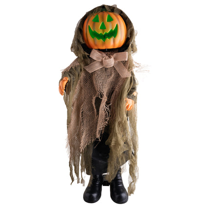 Pompoen pop 90 cm met groen oplichtend pompoengezicht en jute gewaad als halloweendecoratie