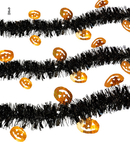 Pompoen slinger van 3 meter, zwarte folieslinger met oranje glitterpompoenen voor Halloween