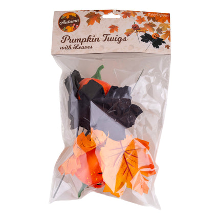 Pompoen takjes met bladeren in verpakking, set van twee steeltjes met pompoenkopjes voor Halloweenversiering