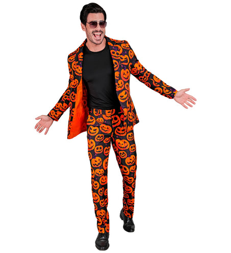 Pompoenkostuum heren met open colbert, felle oranje voering zichtbaar aan de binnenkant