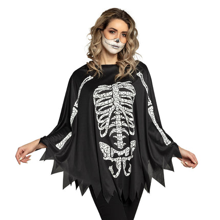 Poncho skelet in zwart met witte ribbenkastprint en gepunte zoom, voor Halloween
