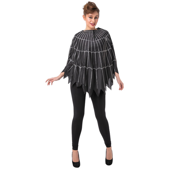 Poncho spinnenweb Ollie in zwart met zilvergrijze webprint en punten aan de zoom, voor Halloween