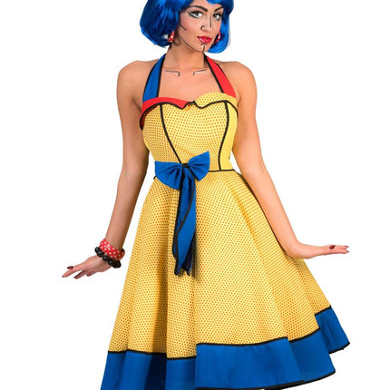 Popart jurk met halterhals in rood en blauw en zwarte contourlijnen op het gele lijfje