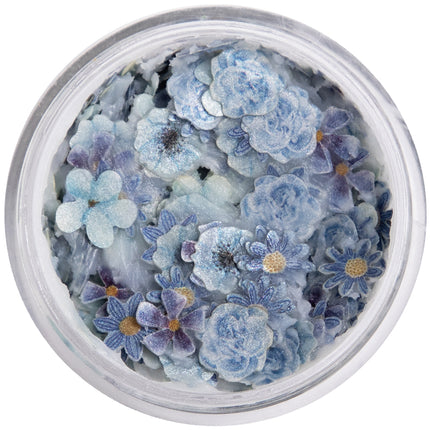 Potje PXP pressed chunky flowers blue mix met blauwe roosjes en margrietvormige bloemetjes in wax