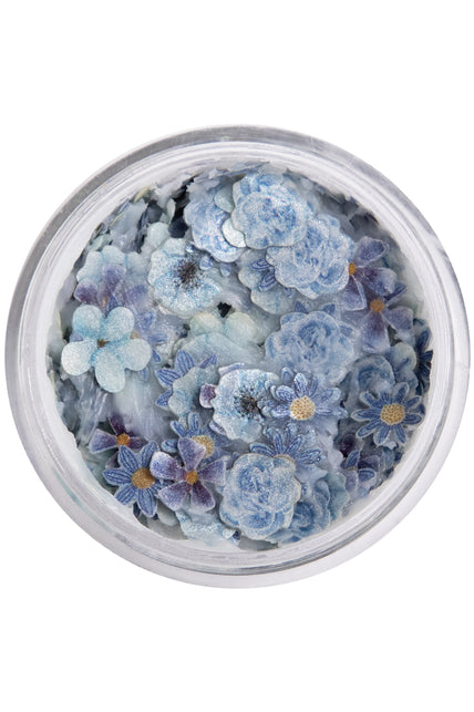 Potje PXP pressed chunky flowers blue mix met blauwe roosjes en margrietvormige bloemetjes in wax
