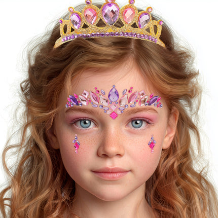 Prinsessen tiara met roze schmink en gezichtssteentjes voor een prinsessenfeest