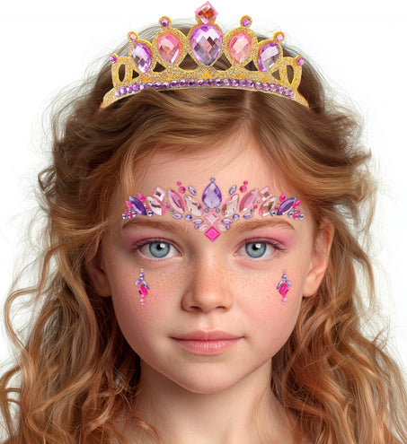 Prinsessen tiara met roze schmink en gezichtssteentjes voor een prinsessenfeest