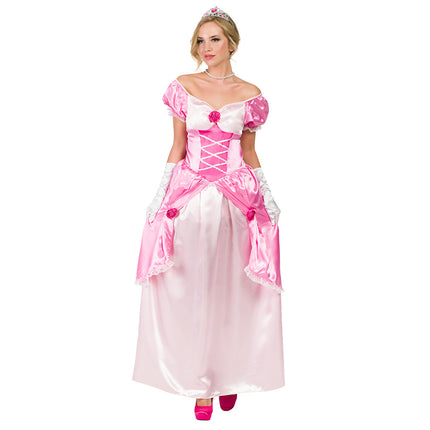 Prinsessenjurk Beatrice roze met witte rok, rozetjes en witte handschoenen voor dames op een themafeest