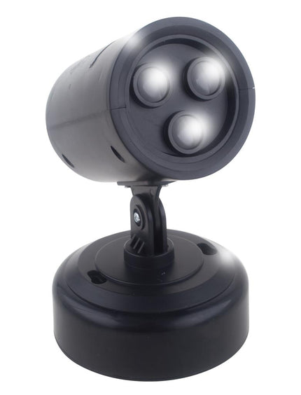 Projector bliksem en donder in zwart met drie lenzen op een ronde standvoet