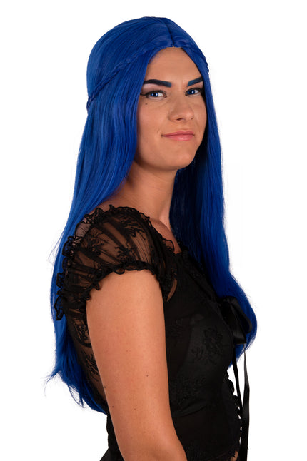 Pruik Eowyn blauw met lang steil haar en fijn vlechtje langs het hoofd, voor een themafeest