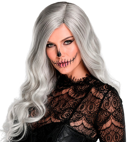 Pruik hallovogue dames grijszilver met lange golven en middenscheiding voor Halloween