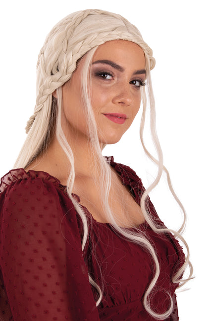 Pruik Queen Dainerys lang met vlechten in platinablond, ingevlochten banen langs het hoofd, voor fantasyfeest