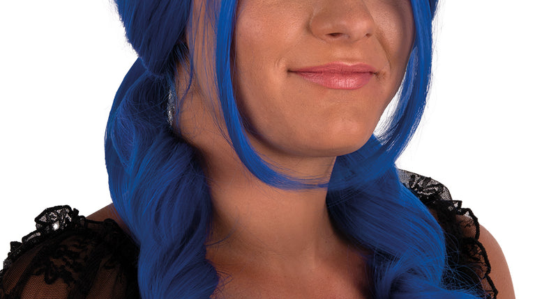 Pruik Raewyn blauw, kobaltblauwe pruik met middenscheiding en krullende lokken voor een themafeest