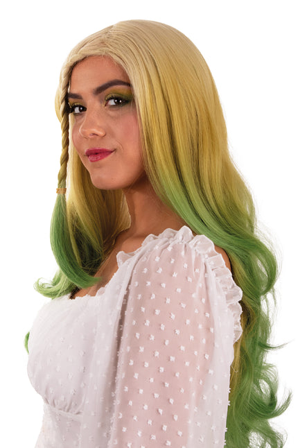 Pruik Rebecca lang blond met groen uitlopende punten en smalle vlecht, voor een fantasiefeest