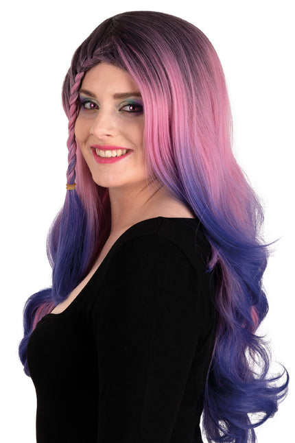 Pruik Rebecca lang met vlecht, roze haar met blauwpaarse golvende punten, voor een fantasiefeest