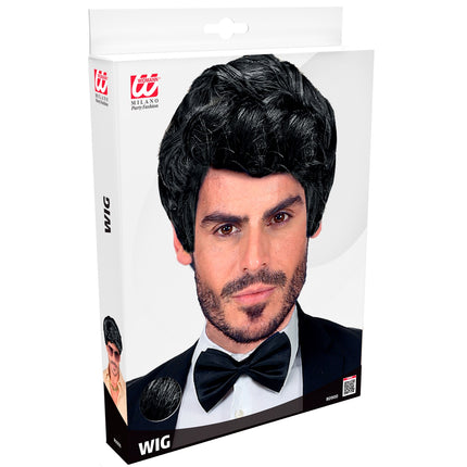 Pruik rick zwart in de verpakking van Widmann, korte herenpruik met volume voor een discofeest
