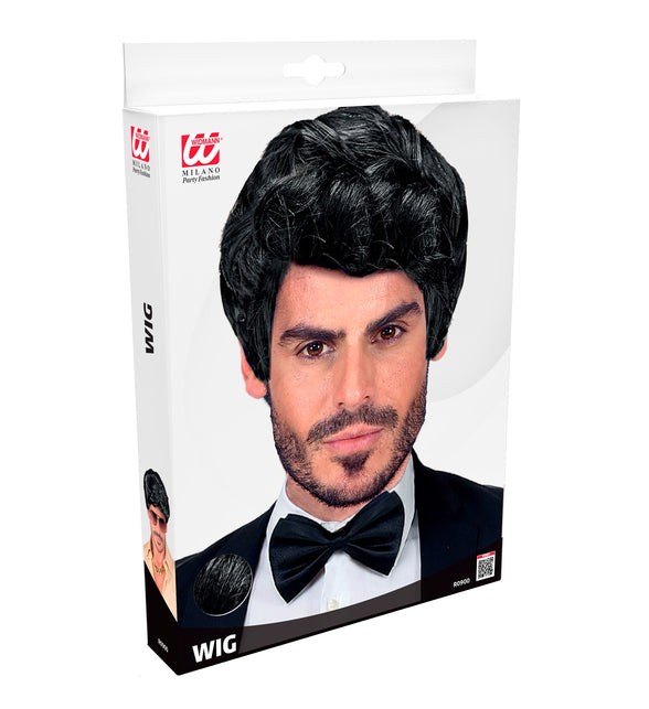 Pruik rick zwart in de verpakking van Widmann, korte herenpruik met volume voor een discofeest