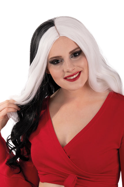 Pruik Selena lang met krullen, half zwart en half wit met middenscheiding, voor Halloween