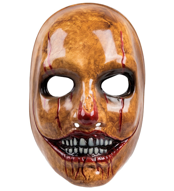Psycho clown masker van pvc met okerbruin gezicht, bloederige grijns en grijze tanden