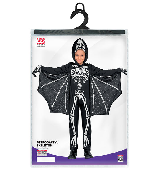 Pterodactyl skelet kostuum Timo in verpakking met jumpsuit en vleugels, kindermaten 116 tot 158 cm
