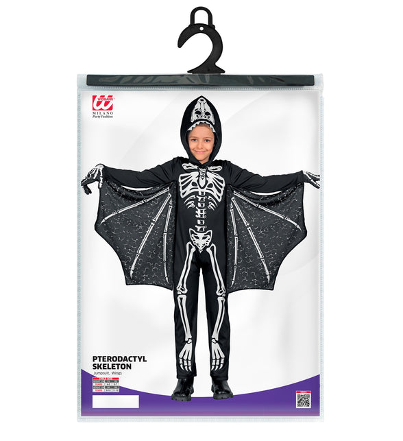 Pterodactyl skelet kostuum Timo in verpakking met jumpsuit en vleugels, kindermaten 116 tot 158 cm